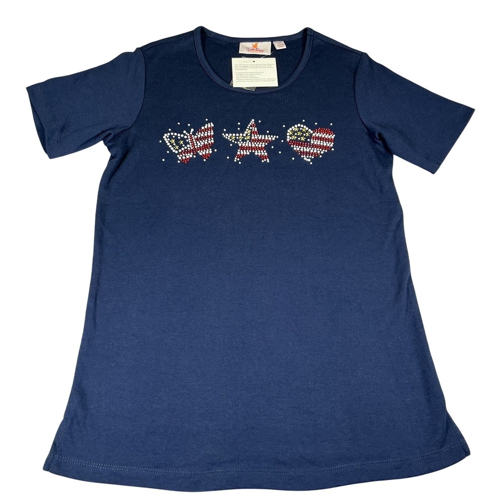 Quacker Factory‎ USA Flag Rhinestone T Shirt Womens XXS Patriotic NWT